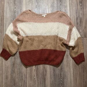 Striped Knit Sweater - Red, Cream, and Tan